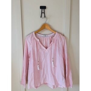 Boden Pink Striped Gauze Tassel Tie Blouse Top US 8 UK 12 Boho Gauze V-Neck